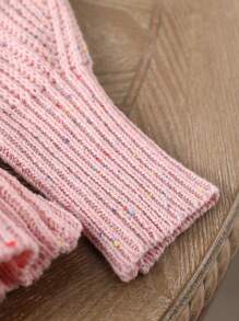 SHEIN Young Girl Autuman Outfit: Round Neck Lantern Sleeve Waist Ruffle Hem Sweater, Solid Color Mesh Knit Cardigan - Pink - View 5