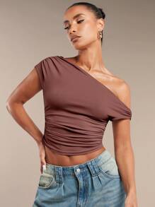 SHEIN BAE Women's Solid Color Ruched Asymmetric Neck Summer Top - Redwood - View 4