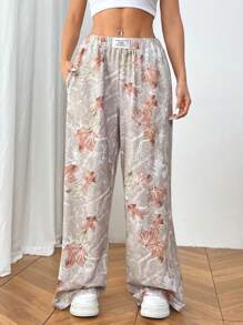 Chiquease Quần dài ống rộng in họa tiết lá thường ngày cho nữ - Xám - Xem 3