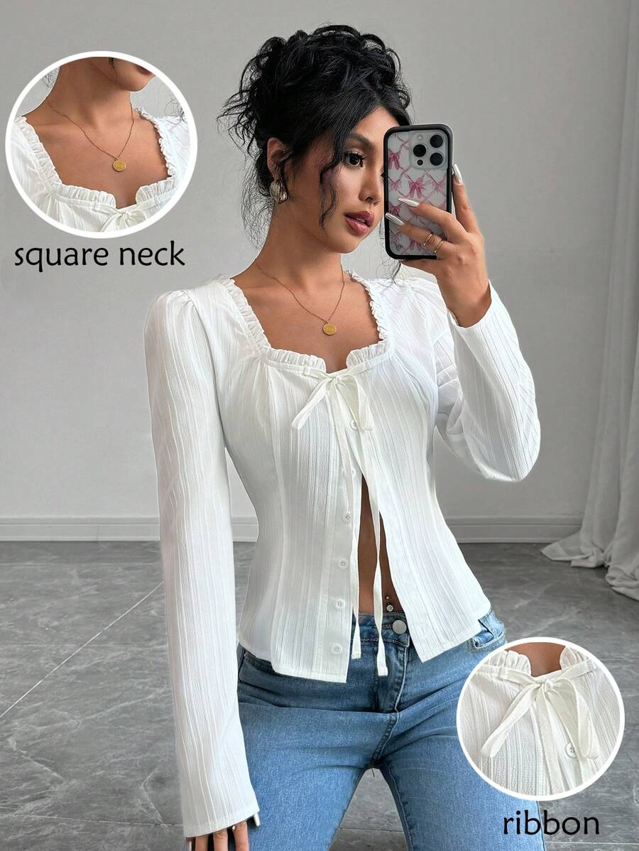 Elenzga 女士纯色荷叶边下摆长袖前系带休闲衬衫 - 白色 - 查看 1