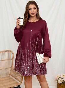 SHEIN LUNE Đầm cổ tròn tay dài họa tiết ngôi sao cỡ lớn cho nữ, mặc thường ngày và ngày lễ, váy lấp lánh - Màu Đỏ Sâu - Xem 4