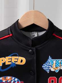 SHEIN Young Girls Autumn/Winter Printed Casual Biker Jacket, Long Sleeve Outerwear