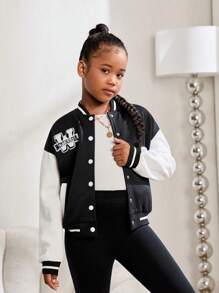 Tween Girl Contrast Color Patching Badge Loose Bomber Jacket - Black and White - View 2