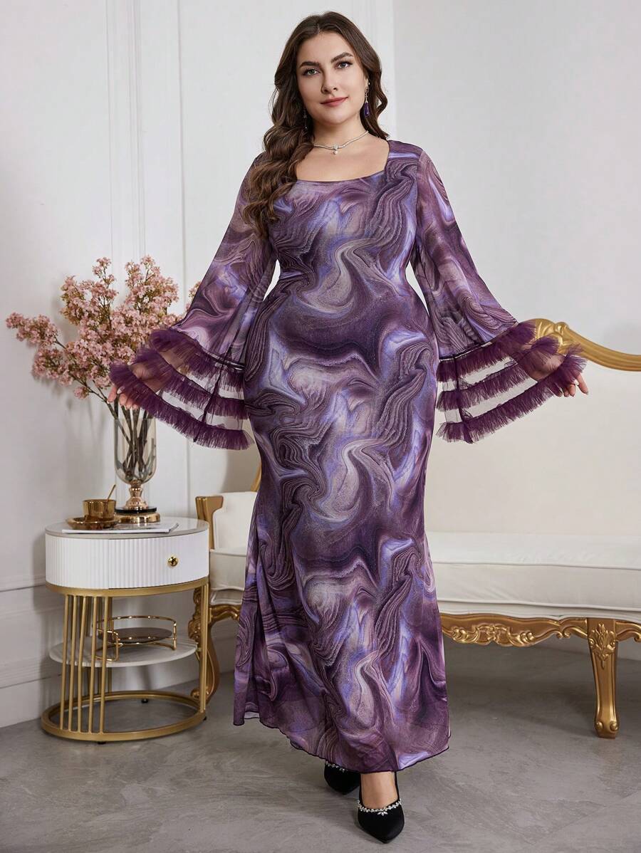 Modelyn Plus Size Elegancka Marmurkowa Kontrastowa Siateczka Sukienka Z Rozkloszowanymi Rękawami, Jesień, Eleganckie Dopasowane Sukienki, Na Wieczorne Przyjęcie/Wesele/Rocznicę - Wielokolorowe - Zobacz 1