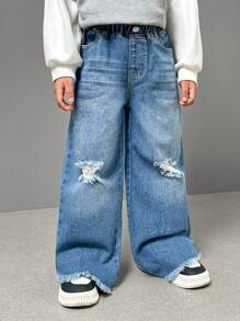 SHEIN Explorewe Young Girls Washed & Faded Denim Jeans - Medium Wash - View 8