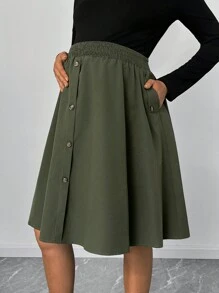 SHEIN Pregnant Women's Solid Color Front Button Casual Skirt, Spring & Autumn, For Maternity - Army Green - View 5