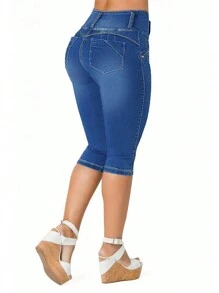 女士弹力单排扣七分牛仔裤，带口袋 - 中等水洗藍 - 查看 2