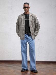 AKNOTIC Business Casual Áo sơ mi nam tay dài cài nút, ve trễ vai, dáng rộng dệt kim - Xám - Xem 4