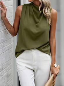 SHEIN Clasi 纯色无领无袖简约休闲衬衫 - 軍綠色 - 查看 3