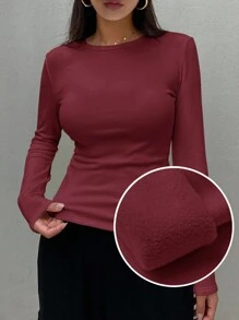 DAZY 女士纯色圆领长袖休闲保暖修身T恤，秋冬季保暖款 - 酒紅色 - 查看 1