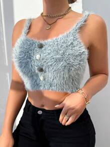 VaVaBold Women's Knitted Top, Women's Top, Suspender, Artificial Fur Button, Gray Sleeveless, Short, Sexy, Slim Fit, Friends, Parties, Four Seasons, Spring And Autumn Styles, Women's Clothing
