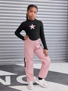 SHEIN Leap Crew Tween 女孩酷炫星星設計針織立領長袖上衣搭配配套褲子,運動休閒裝 - 淺粉色 - 查看 7