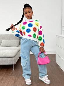 SHEIN Felpa corta oversize con collo alto reversibile e stampa di volto sorridente colorato per ragazze pre-adolescenti - Multicolore - Visualizzare 4