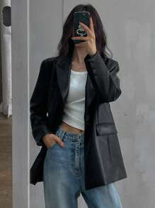 DAZY 女士宽松PU皮西装外套，秋季商务装