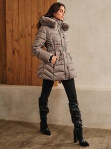 Anewsta Dames getailleerde taille taille middellange verwijderbare bontkraag & capuchon jas, Khaki