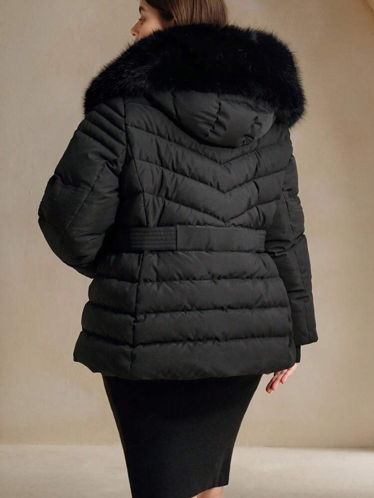 플러스 사이즈 두꺼워진 탈착식 캡, 퍼 칼라, 허리 잠금, 리브 니트 커프스 패딩 코트, 겨울용