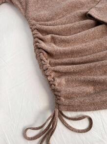 Soleia Vestido mini entallado con dobladillo asimétrico, manga de globo con volantes, decoración floral de punto de textura color caramelo, cordón lateral, uso de vacaciones, otoño