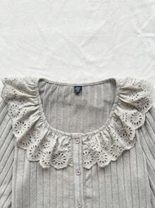 Dreamara Plus Size Women's Vacation Ribbed Long Sleeve T-Shirt, Embroidered Ruffle Trim Decorative T-Shirt - Apricot - View 4