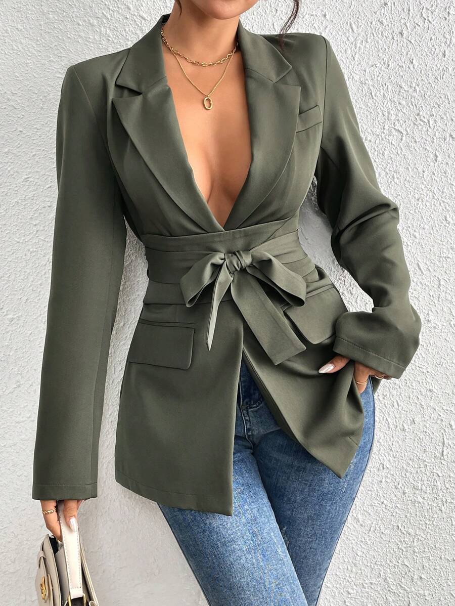 SHEIN PETITE Casual Solid Color Blazer For Spring/Autumn Fall Cloth For Women - Army Green - View 1