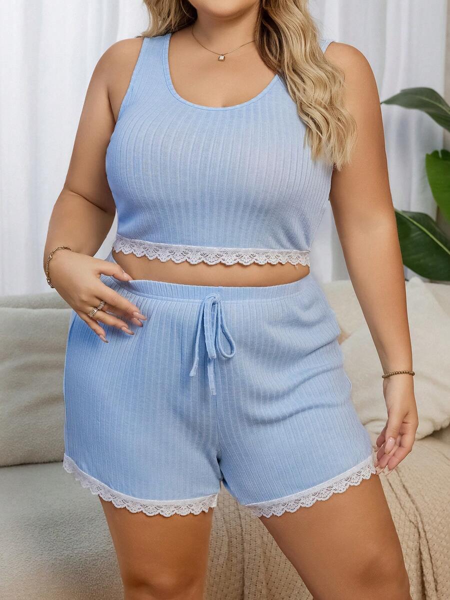 大码蕾丝拼布睡衣睡衣套装 - 淺藍色 - 查看 1