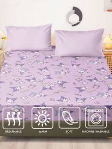 HELLO KITTY AND FRIENDS | SHEIN Full Coverage Cartoon & Letter Print Purple Fitted Sheet