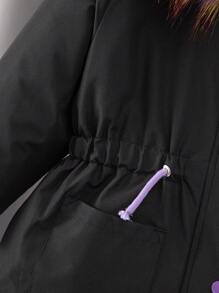 Young Girls Padded Coat, Hooded, Fluffy Collar, Zipper, Waist, Large Pockets, Warm Winter Outerwear