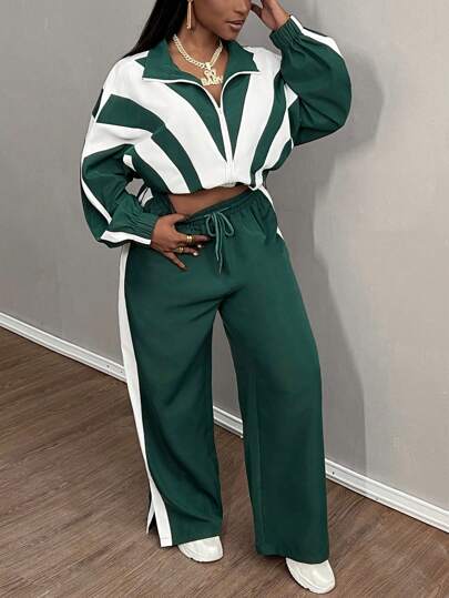 Slaydiva Plus Size Casual Sports Long Sleeve Open Front Crop Top And Drawstring Joggers Green And White 2 Pieces Set, Autumn/Winter