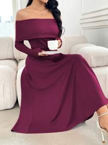 Modelyn Đầm dài trễ vai màu trơn thanh lịch cho nữ, Đầm dạ hội dài mùa thu - Màu đỏ tím - Xem 4