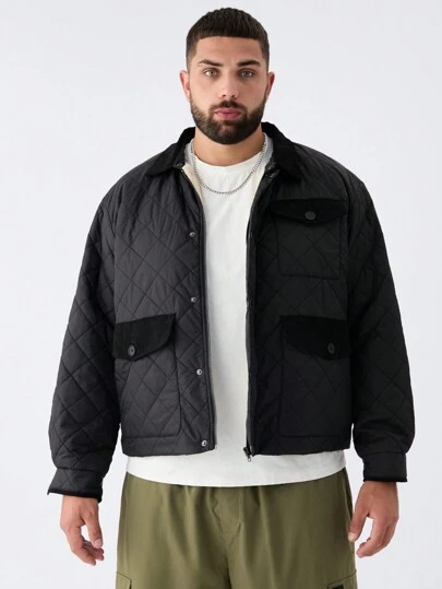 Manfinity VCAY Plus Size Men's Casual Woven Patchwork Stitching Regular Fit Long Sleeve Turndown Collar Padded Coat, Suitable For Winter