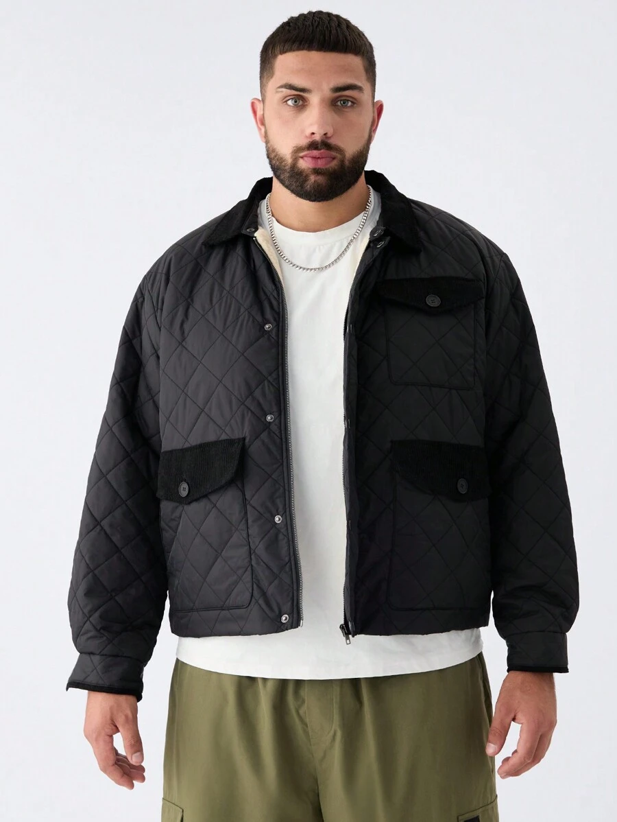 Manfinity VCAY 大码男士休闲编织拼布常规版型长袖翻领夹棉大衣，适合冬季