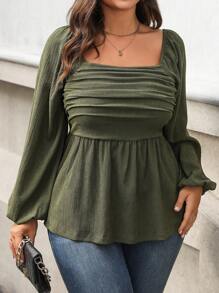 Vionelle Blusa elegante con volante de mujer talla grande de primavera/verano de cuello cuadrado, mangas farol y arrugado - Verde militar - Ver 3