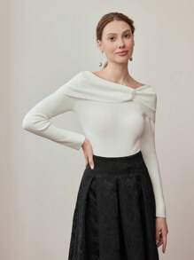 MOTF PREMIUM OFF SHOULDER FAUX PEARL RIBBED SWEATER - White - View 7