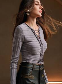 Anewsta Women's Solid Color Long Sleeve Hollow Simple Casual Sweater, Knit Pullover Fall Winter - Grey - View 5