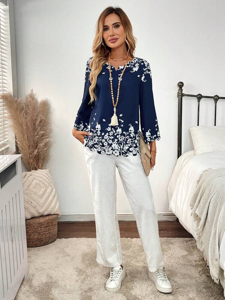 Women's Floral Print V-Neck 3/4 Sleeve Loose Blouse,Long Sleeve Tops