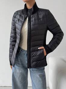 SHEIN EZwear Women's Solid Color Long Sleeve Casual Hooded Down Coat