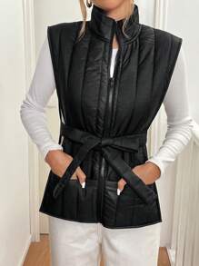 SHEIN Essnce 女士纯色拉链领休闲背心夹克，冬季 - 黑色 - 查看 2