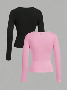 SHEIN EZwear 2pcs Women's Square Neck Skinny Long Sleeve Casual T-Shirt Set, Suitable For Autumn And Winter