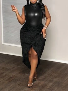 Slaydiva 大码两件套：无袖高领性感橙色PU连体裤+开衩橙色毛绒半身裙，秋冬款 - 黑色 - 查看 8