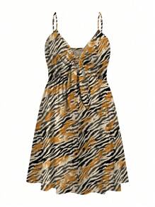 Livia Canto Studio 艺术家加大码万圣节老虎图案休闲度假优雅吊带连衣裙、节日、派对、新年前夜服装 - 彩色 - 查看 3