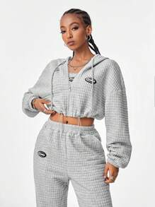 Muchica 3pcs Women's Fall And Winter Y2K Homecoming Hip-Hop Rapper Athleisure Streetwear Casual Back To School Athleisure Sportswear Waffle Knit Textured Keep Warm Stretchy Thermal Grey Cropped Tank Top&Sweatshirt&Sweatpant Hoodies Set For Holiday And New Year Eve