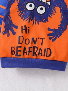 SHEIN 2pcs/Set Baby Boys Monster Patchwork Hoodie Sweatshirt And Pants Outfit, Navy Blue And Orange, For Casual Wear, Outdoor, Home And Sports, Knit Cuffs And Hem Design, Monster Graphics On Front - Blue - View 6