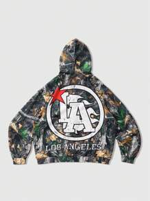 ROMWE MEN Street Life Men's Spring Autumn Letter & Branch Print Zip-Up Hooded Casual Sweatshirt - Multicolor - View 2