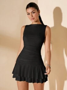 SHEIN BAE 女士纯色无袖褶饰迷你吊带裙，分层