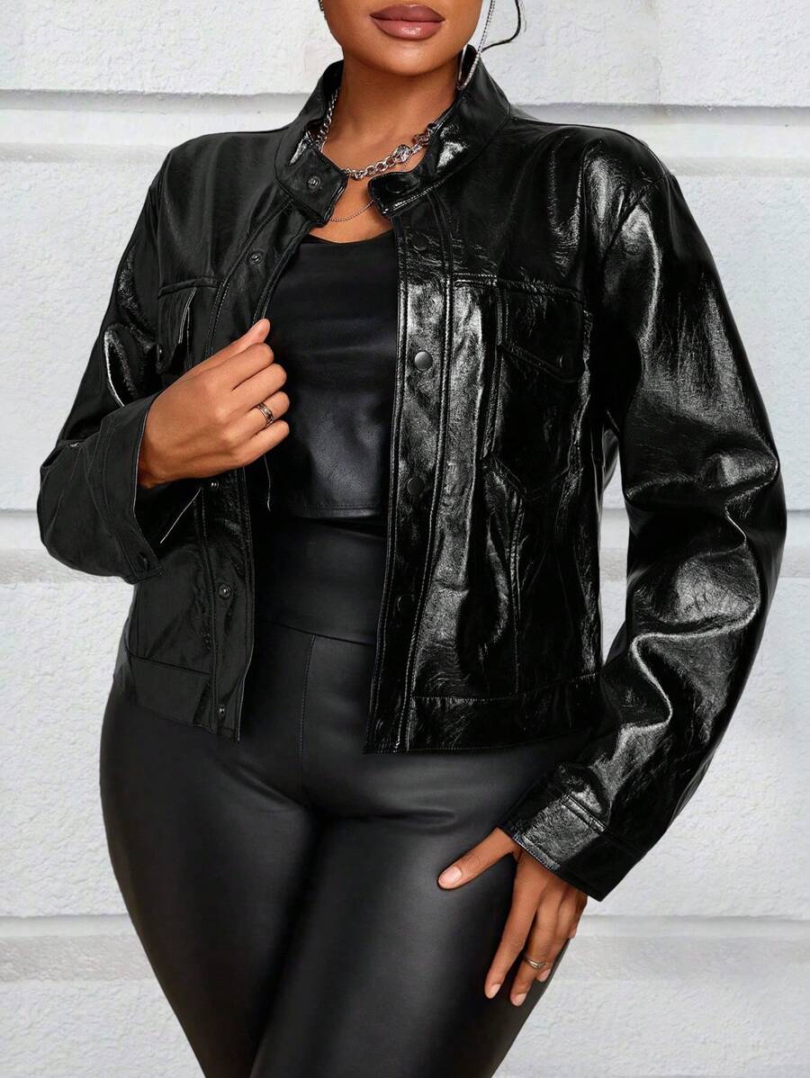 Maweii Plus Size Women's Small Stand Collar Four-Button Front Textured Casual Leather Jacket - Black - View 1