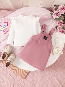 2pcs/Set Baby Girls Spring Summer Solid Color Round Neck Long Sleeve Ruffle Splice Top & Letter Print Suspender Skirt Casual Outfit