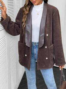 SHEIN LUNE Long Sleeve Front Button Pocket Fur Collar Patchwork Coat Fall Cloth For Women - Khaki - View 1