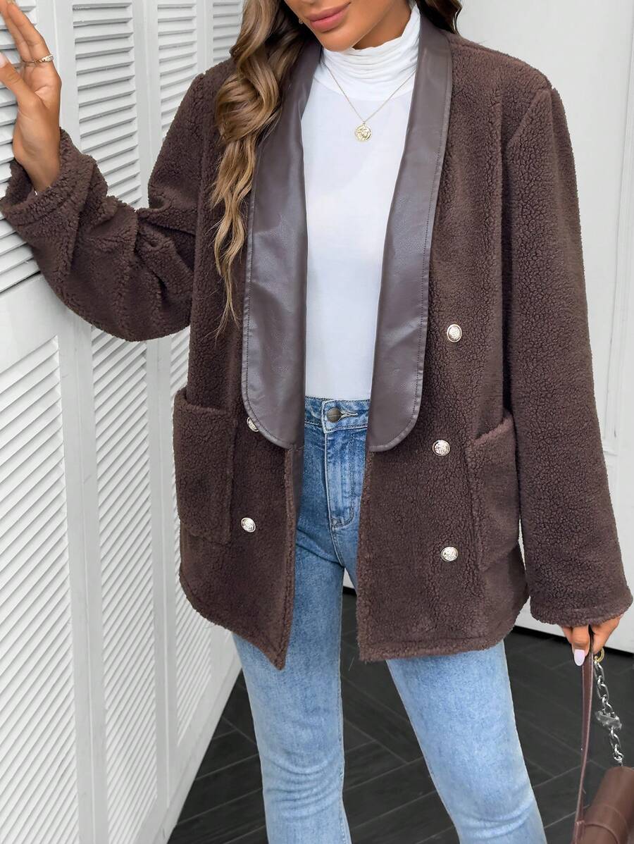 SHEIN LUNE Long Sleeve Front Button Pocket Fur Collar Patchwork Coat Fall Cloth For Women - Khaki - View 1