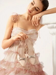 CUCCOO CHICEST Women Shoes Fashion Champagne Color Back Strap Rhinestone Bow High Heel Shoes Commuting Date Party Wedding Vacation Spring Shoes Spring Break Easter Prom Heels - Champagne - View 4