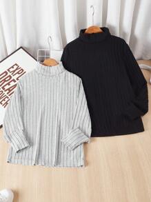 SHEIN 青少年男童两件套休闲百搭简约舒适保暖纯色高领高弹力肌肉腋下条纹耐磨面料柔软舒适亲肤长袖保暖打底衫T恤返校服秋季青少年男童服装秋冬 - 彩色 - 查看 1