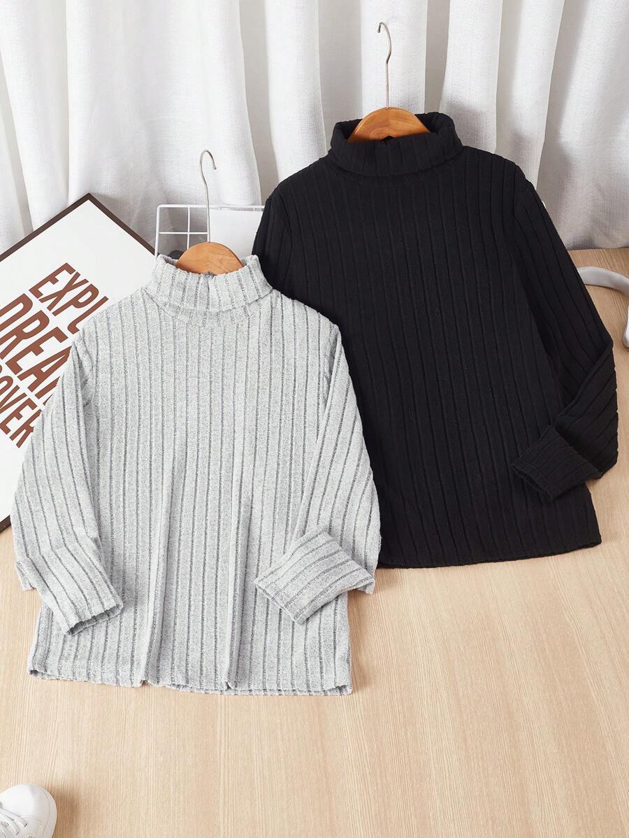 SHEIN 青少年男童两件套休闲百搭简约舒适保暖纯色高领高弹力肌肉腋下条纹耐磨面料柔软舒适亲肤长袖保暖打底衫T恤返校服秋季青少年男童服装秋冬 - 彩色 - 查看 1